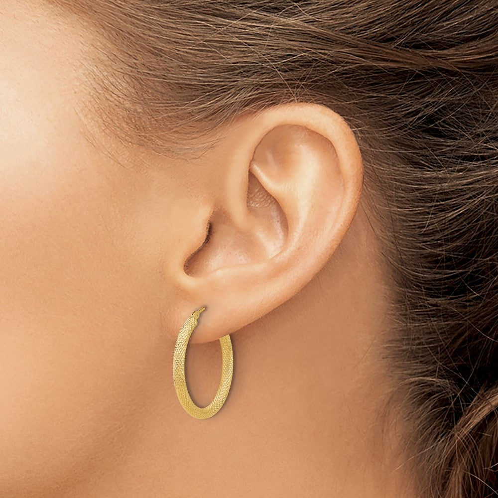 14K Gold Polished & Textured Round Hoop Earrings