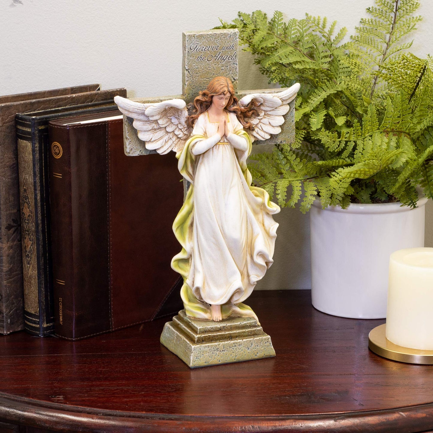 FOREVER WITH THE ANGELS Memorial Angel with Cross Stone Resin Statue QGM15729