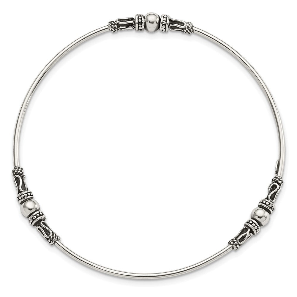 Sterling Silver Antiqued Beaded Slip On Bangle 8 inches