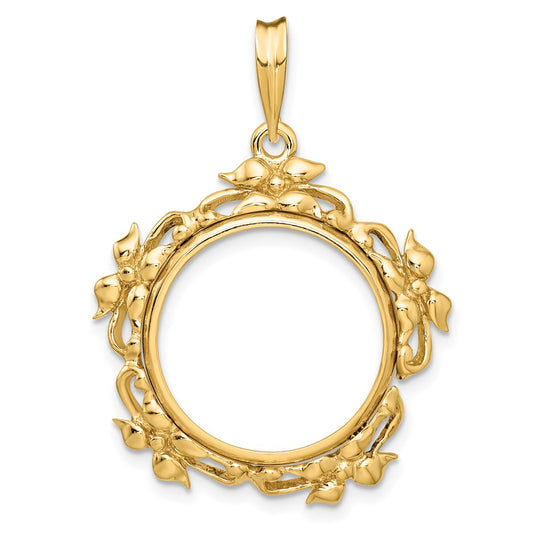 Wideband Distinguished Coin Jewelry 14k Polished Flower Blossom 17.8mm Prong Coin Bezel Pendant