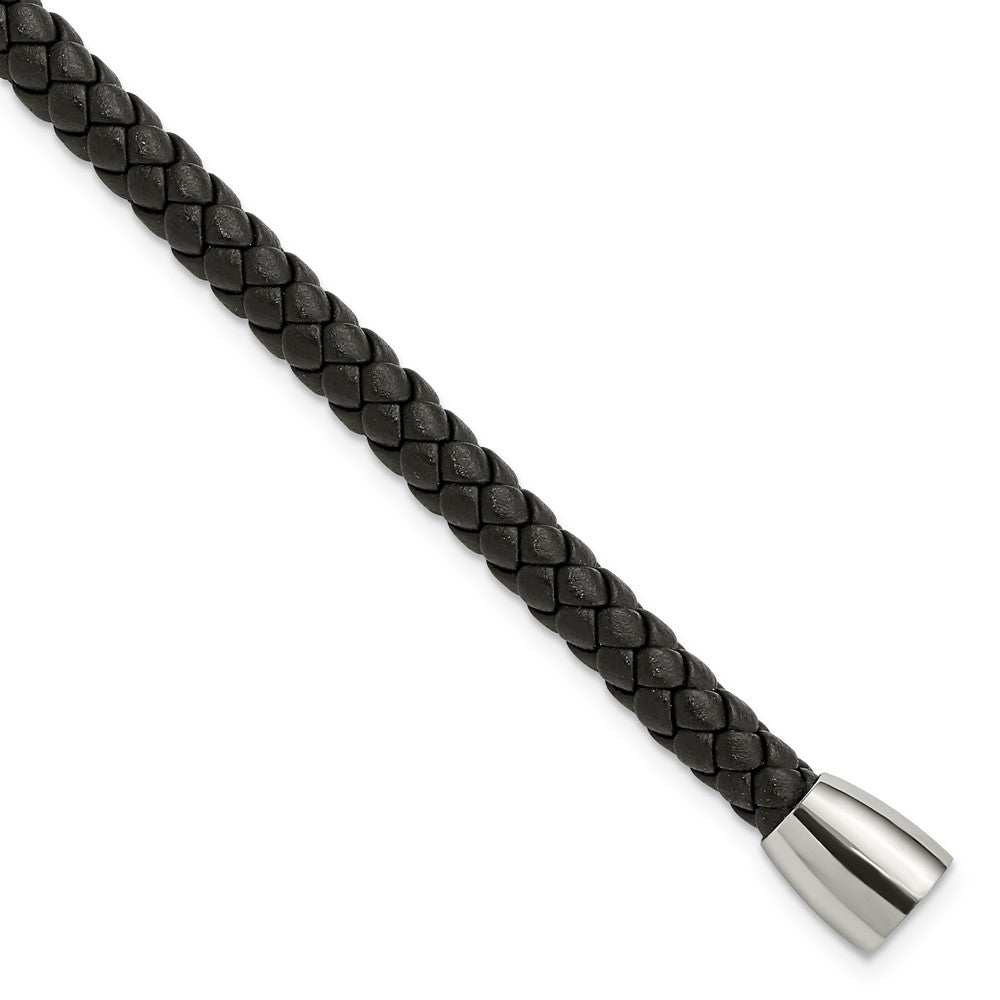 Stainless Steel Polished Black Leather 8.5in Bracelet 8.5 inches
