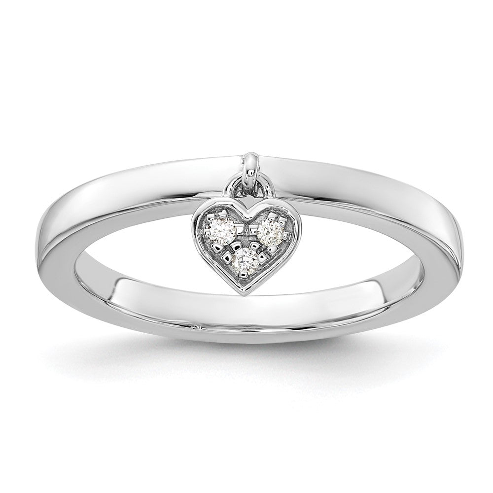 Sterling Silver Rhodium Plated Diamond Heart Dangle Stackable Ring