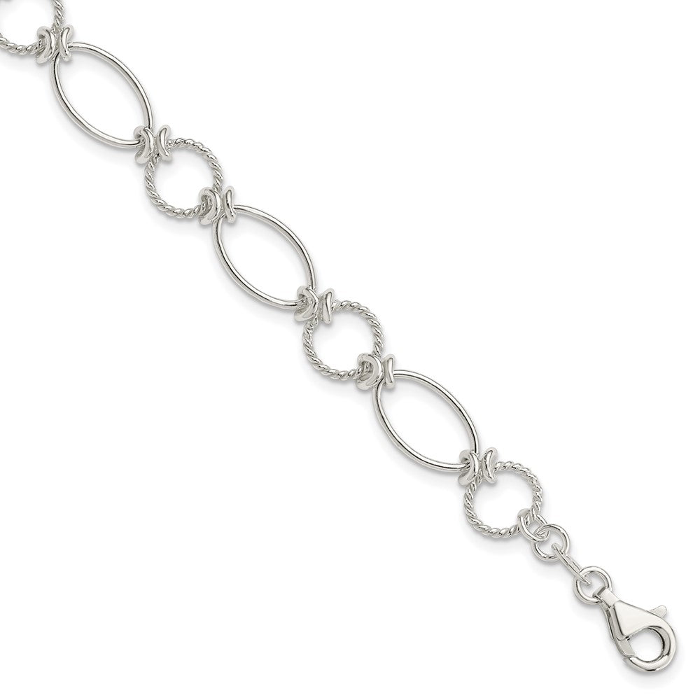 Sterling Silver Polished Textured Fancy Circle and Oval Link Bracelet 7.5 inches