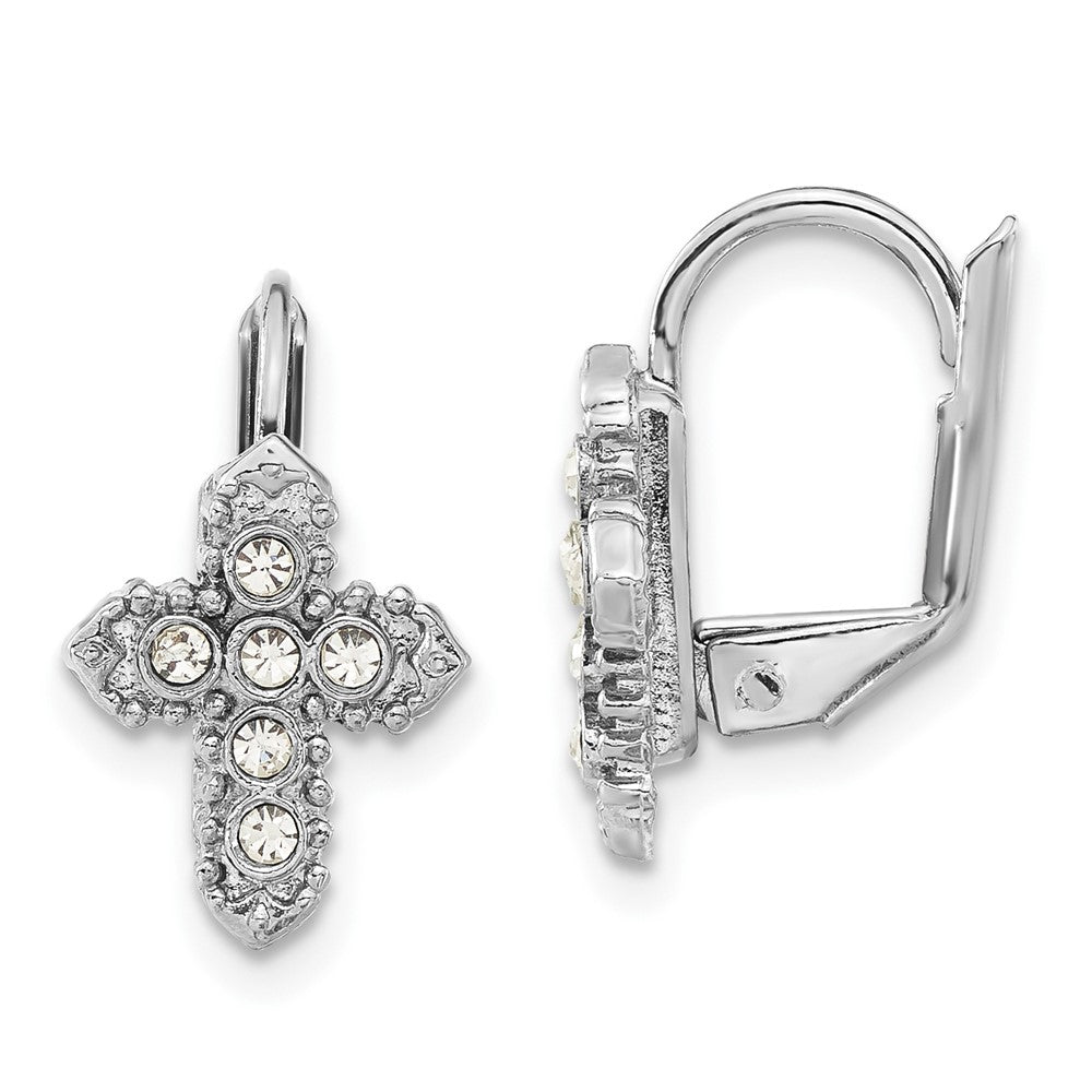 Symbols of Faith Silver-tone Clear Crystal Cross Leverback Earrings