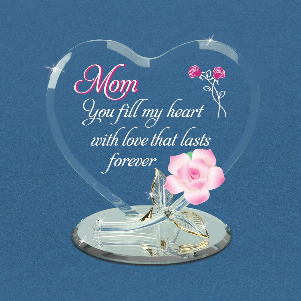 Glass Baron Handcrafted Mom You Fill My Heart Pink Rose Glass Figurine