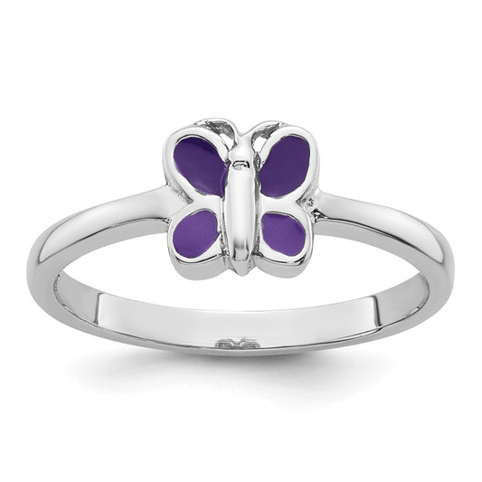 Sterling Silver Rhodium-plated Children's Size 4 Purple Enamel Butterfly Ring