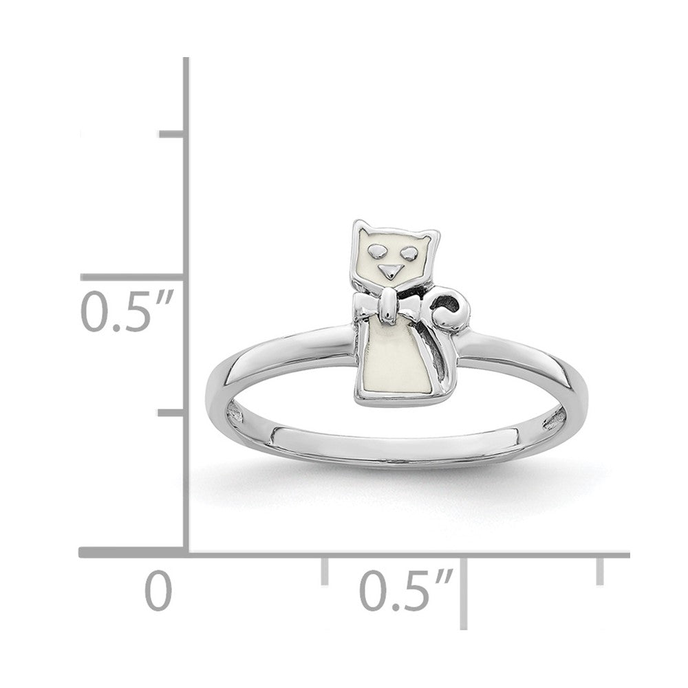 Sterling Silver Rhodium-plated Childs Enameled White Cat Ring
