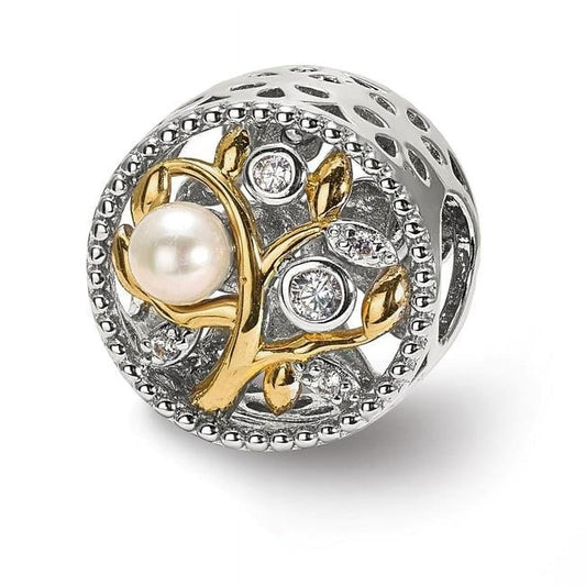 Sterling Silver Reflections Rh-plate Gold-tone FWC Pearl & CZ Tree Bead