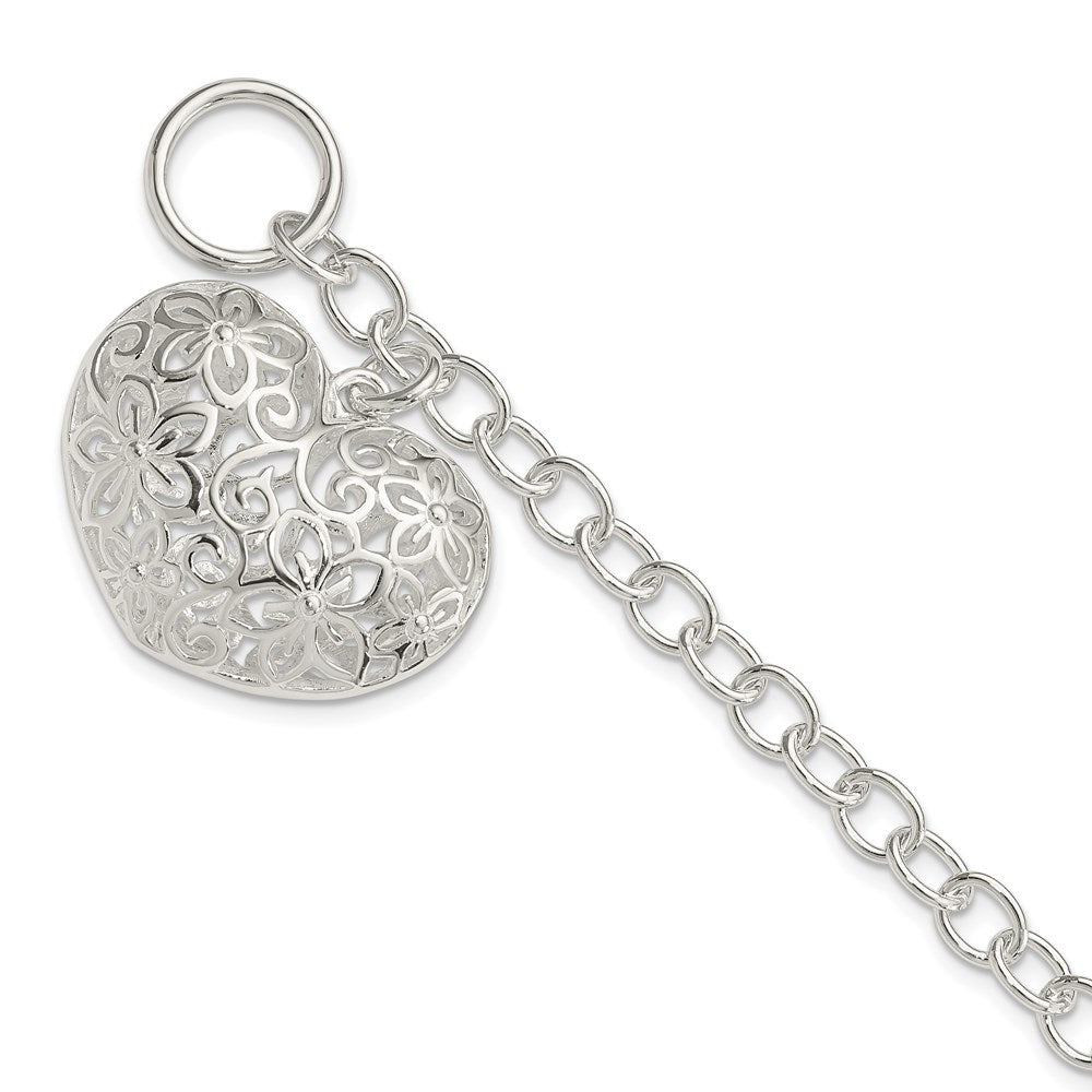 Sterling Silver Puffed Filigree Heart Toggle Bracelet 7.75 inches