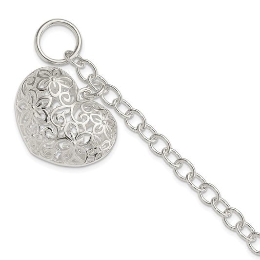 Sterling Silver Puffed Filigree Heart Toggle Bracelet 7.75 inches