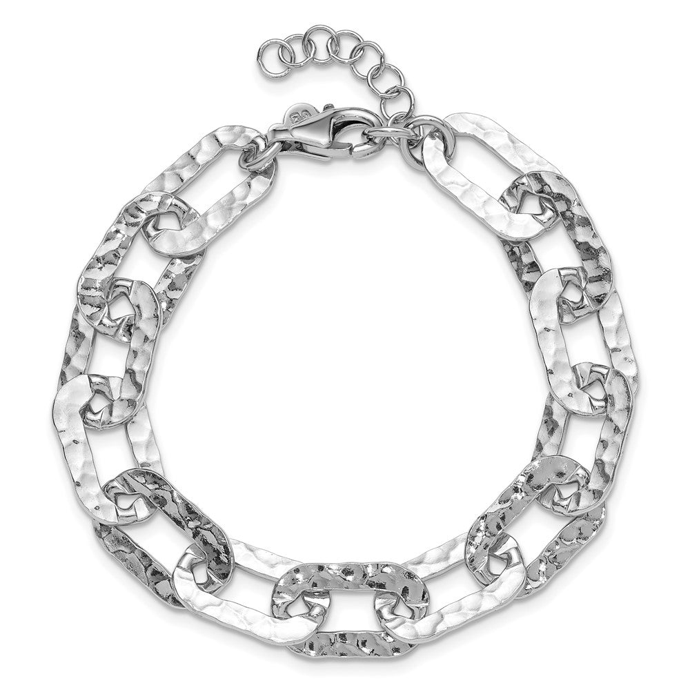 Sterling Silver Rh-pl Polished/Hammered Fancy w/1in ext. Bracelet 8.5  inches
