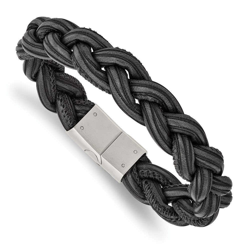 Stainless Steel Brushed Black and Grey Braided Leather 8.25in Bracelet 8.25 inches