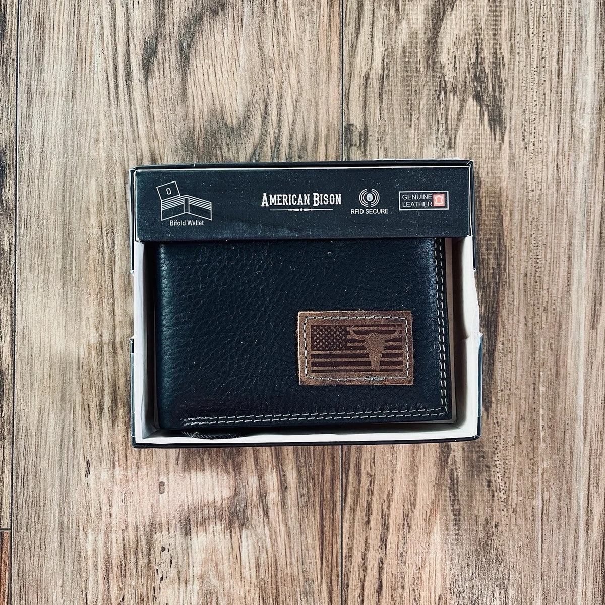 American Bison Genuine Leather Bifold Wallet Black, American Flag Logo RFID