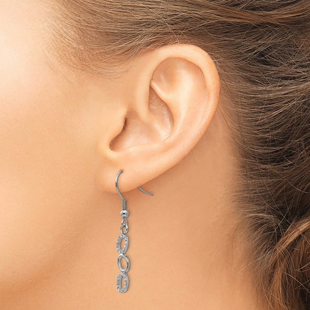 Stainless Steel Polished w/CZ Oval Dangle Shepherd Hook Earrings