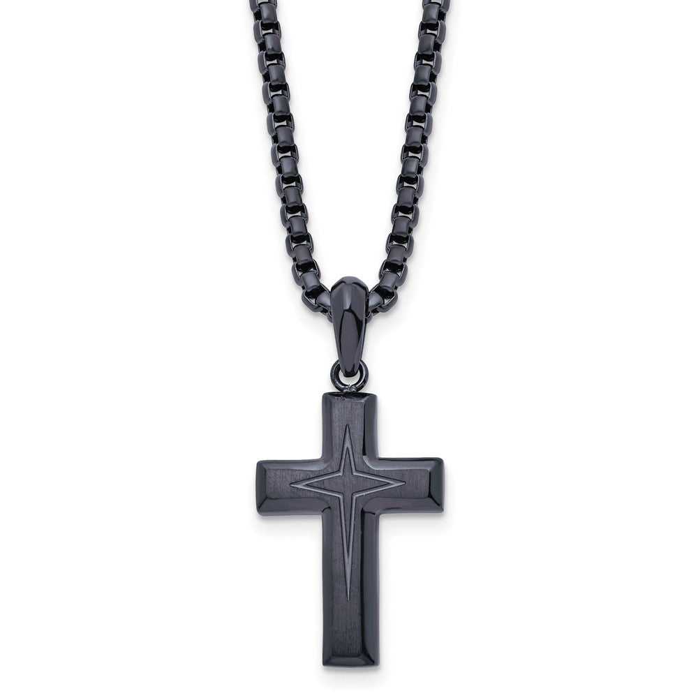 Stainless Steel Brushed and Polished Blue/Grey IP 24in Cross Necklace
