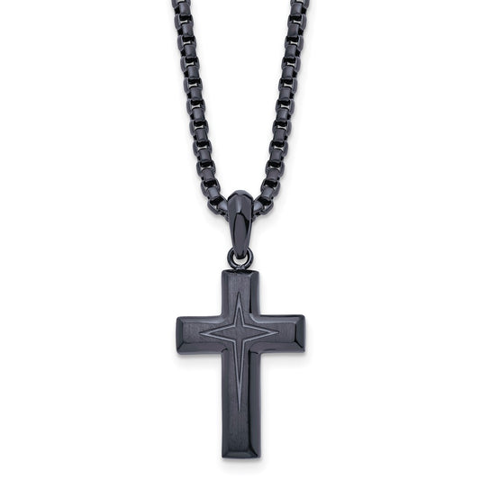 Stainless Steel Brushed and Polished Blue/Grey IP 24in Cross Necklace