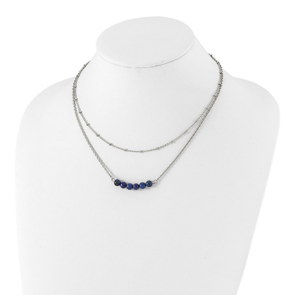 Stainless Steel Polished 2-Strand Lapis Beaded w/1in ext. 16.5in Necklace