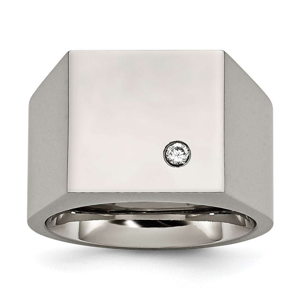 Titanium Polished CZ Signet Ring Size - 12