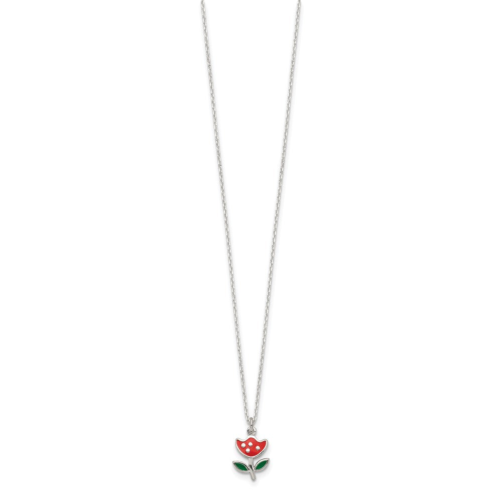 Sterling Silver Polished Red & Green Enameled Flower Children's Necklace 14 Inches