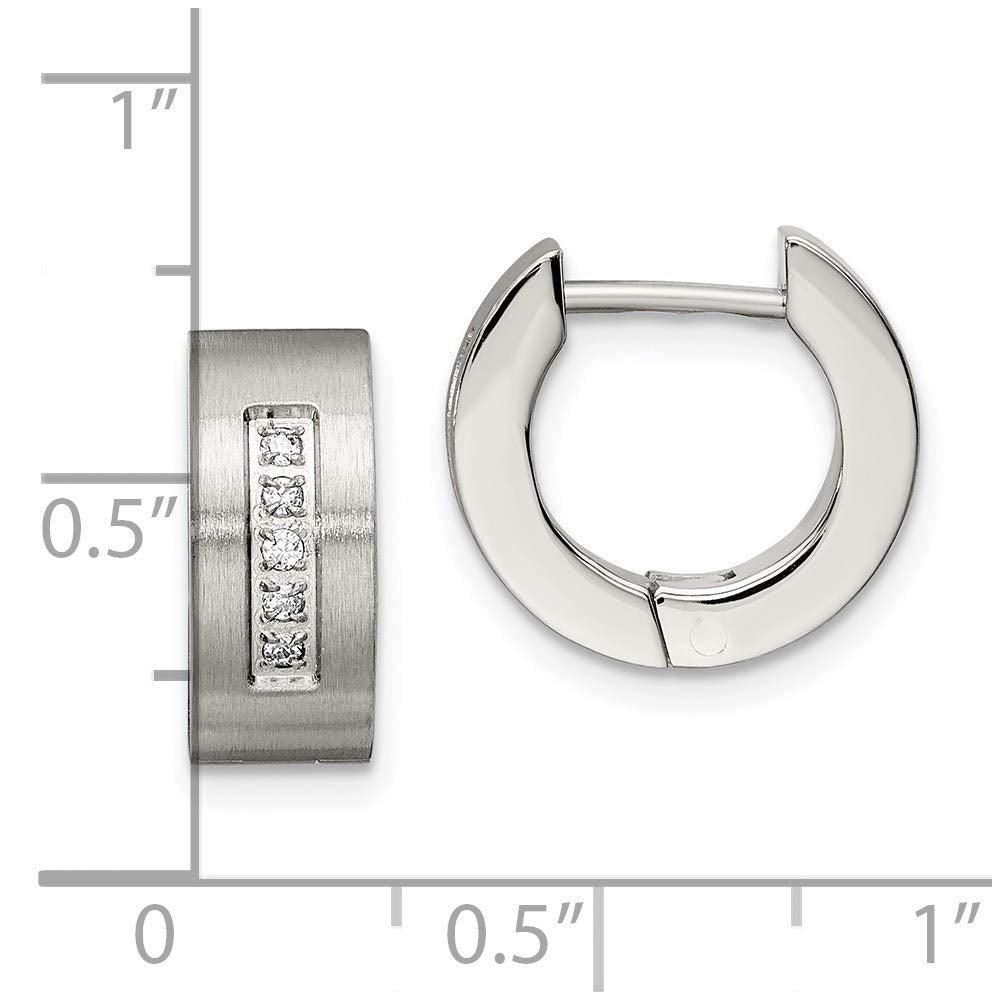 Stainless Steel Brushed & Polished w/CZ Round 5mm Hinged Hoop Earrings