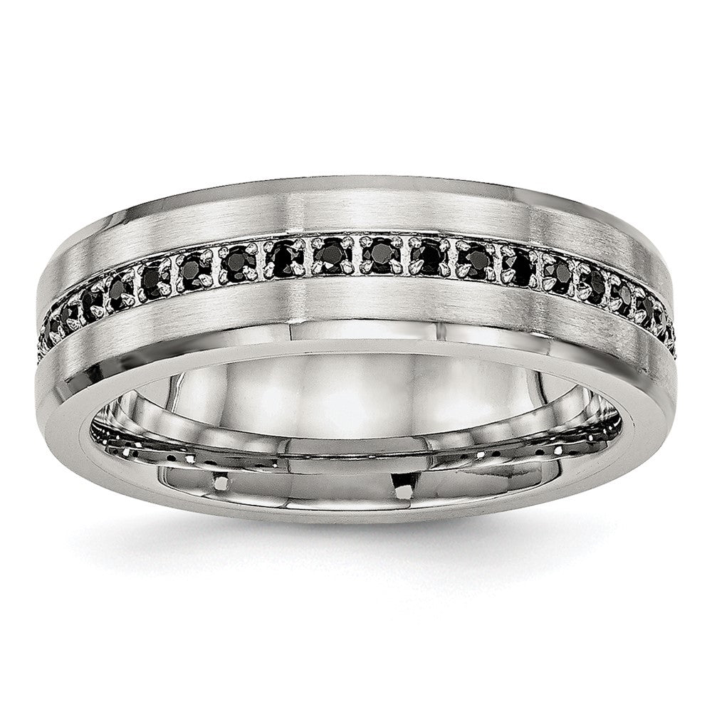 Stainless Steel Brushed and Polished Black CZ 6.5mm Band Size - 8