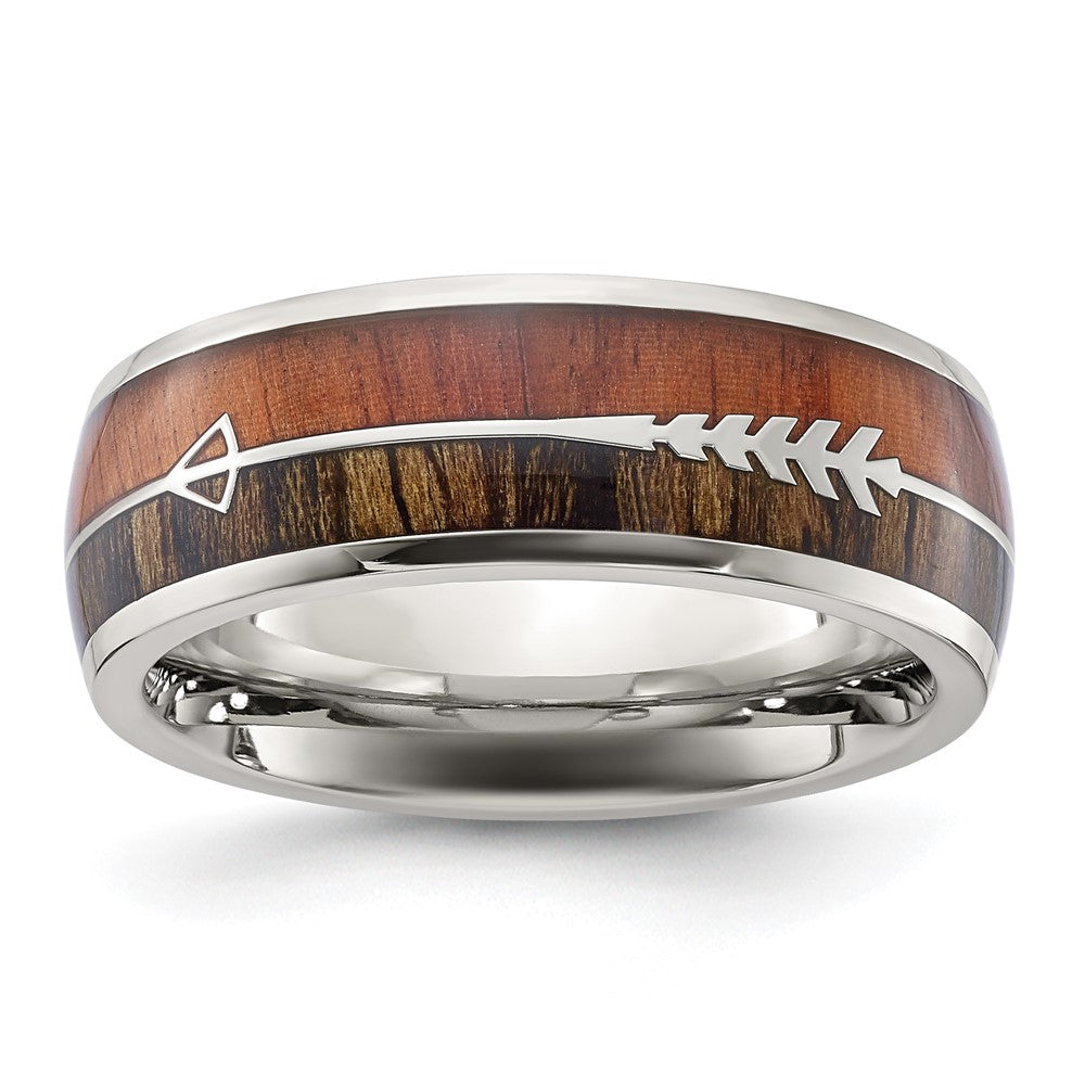 Stainless Steel Polished with Wood Inlay Arrow 8mm Band Size - 9
