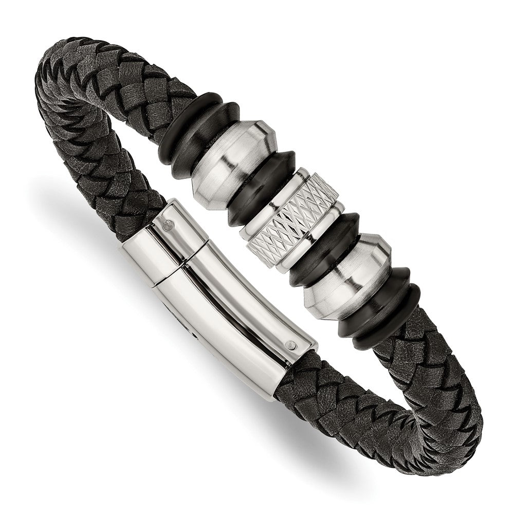 Stainless Steel Brushed & Polished Black IP Leather & Rubber Bracelet 8.5 inches
