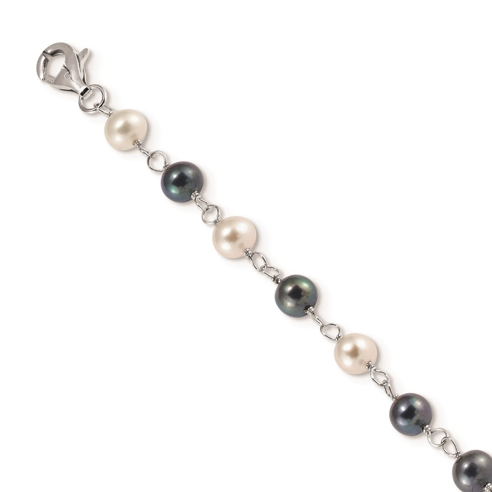 Sterling Silver Rhodium-plated 6-10mm White and Black Freshwater Cultured Pearl Layered 17 inch with 2 inch Extension Necklace 17 Inches