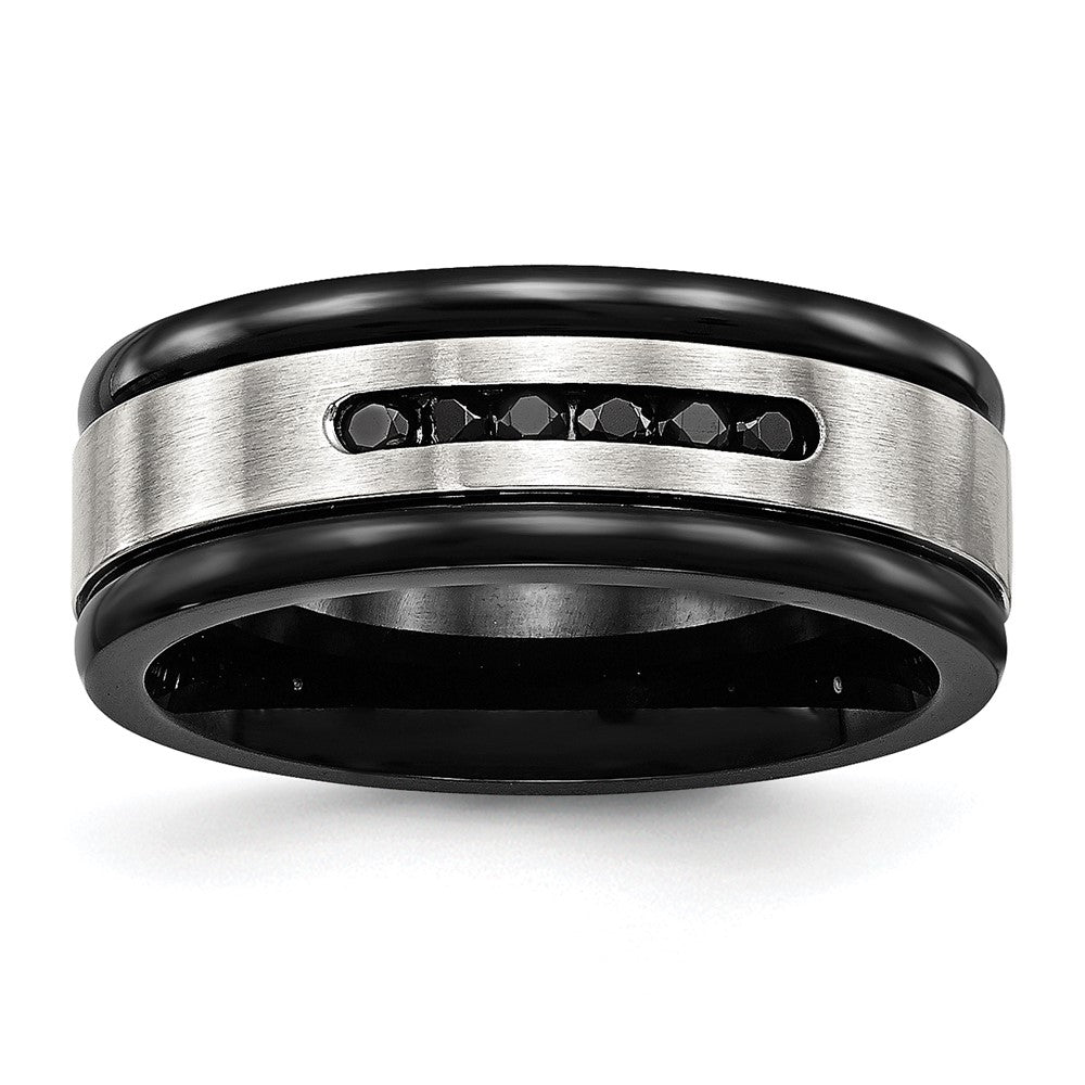 Stainless Steel Brushed/Polished Black IP & Black CZ 8mm Grooved Band Size - 9.5