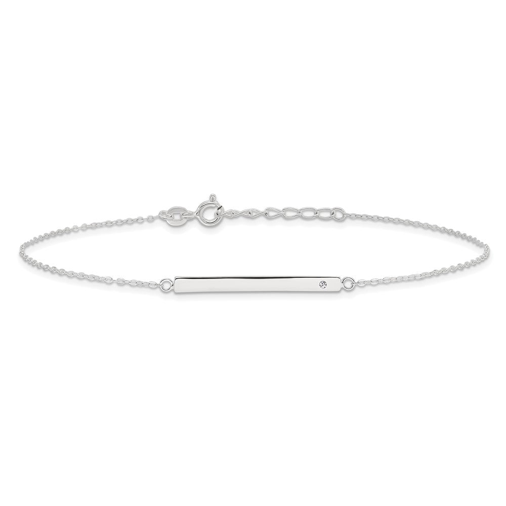 Sterling Silver Polished Crystal Bar 9in Plus 1in ext Anklet 9 inches