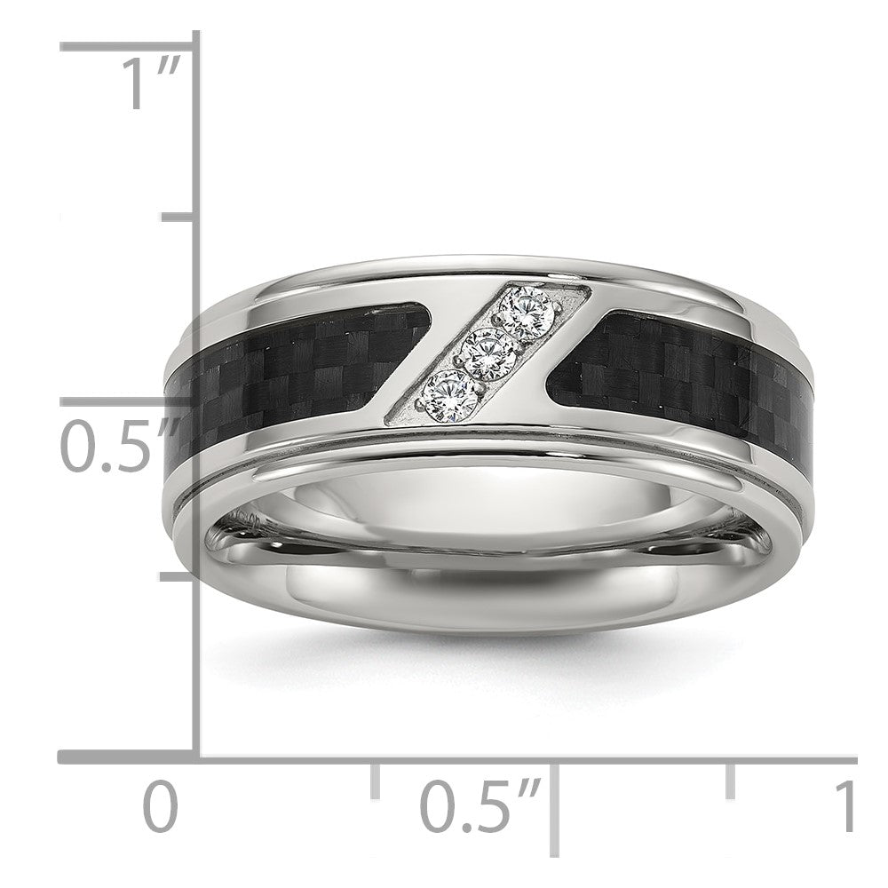Chisel Titanium Polished with Black Carbon Fiber Inlay and CZ 8mm Band Size - 8.5