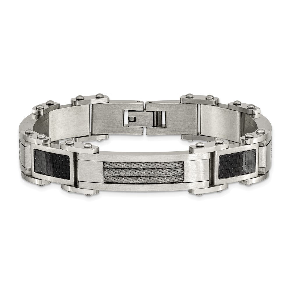 Stainless Steel 8.5in Polished with Black Carbon Fiber Inlay Bracelet 9 inches