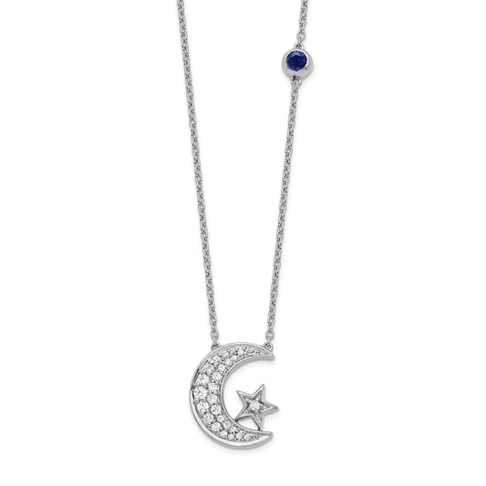 14k White Gold 1/5 carat Lab Grown Diamond VS/SI+ G+ Moon and Star with Created Sapphire Accent 18 inch Necklace