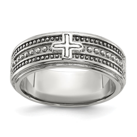 Chisel Stainless Steel Polished Cross 7.7mm Grooved and Beaded Band Size - 8