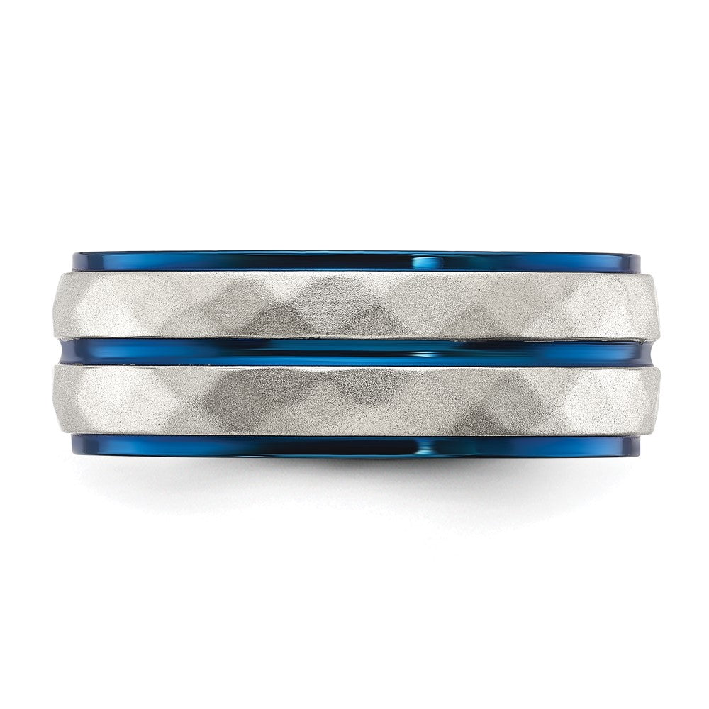 Chisel Stainless Steel Polished and Sand-blasted Faceted Blue IP-plated 8mm Band Size - 11.5
