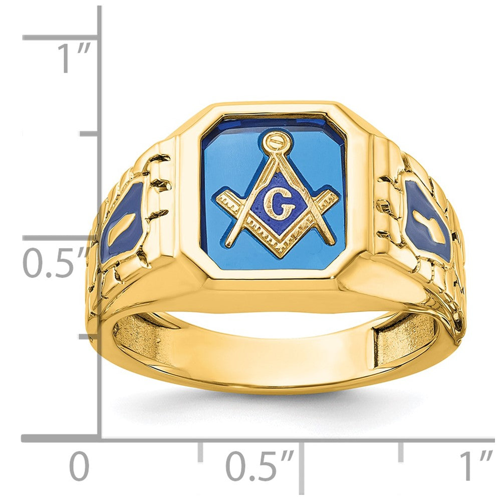 IBGoodman 10k Men's Polished and Textured with Blue Enamel and Lab Created Sapphire Blue Lodge Master Masonic Ring
