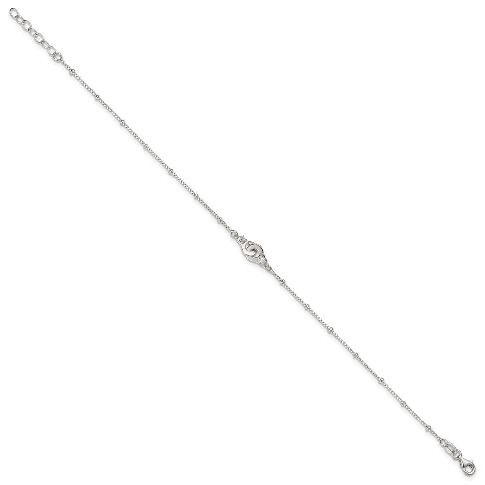 Sterling Silver Polished Beaded White CZ Interlinking Circles 9 inch with 1 inch Extension Anklet