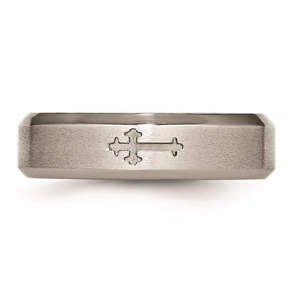 Titanium Brushed Center Cross Design 6mm Beveled Edge Band Size - 8