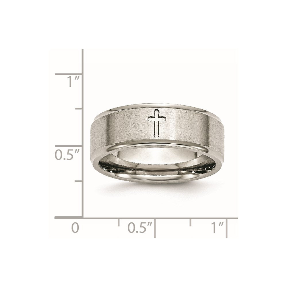 Stainless Steel Brushed and Polished Cross 8mm Ridged Edge Band Size - 10.5