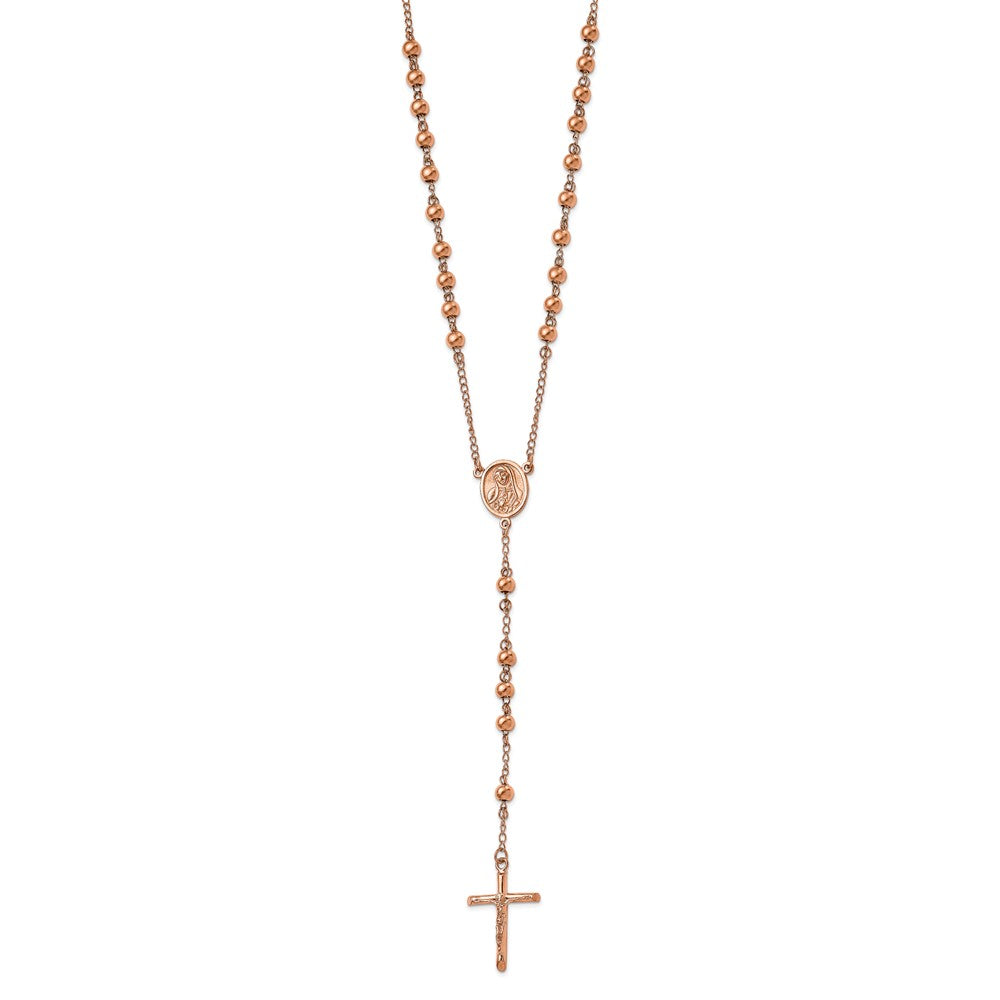 Stainless Steel Polished Rose IP-plated 30in Rosary Necklace