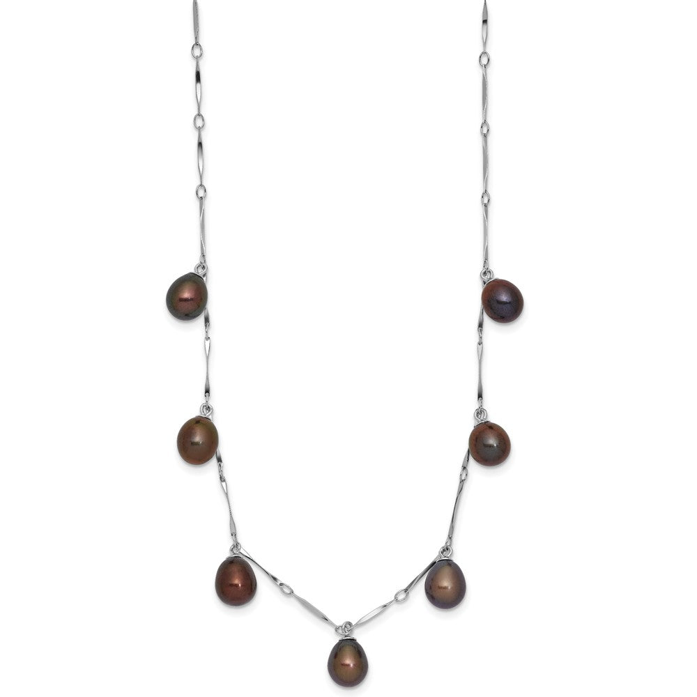 Sterling Silver Rhodium-plated 7-8mm Black Teardrop Freshwater Cultured Pearl Dangle 7-Station 17.5 inch Necklace 17.5 Inches