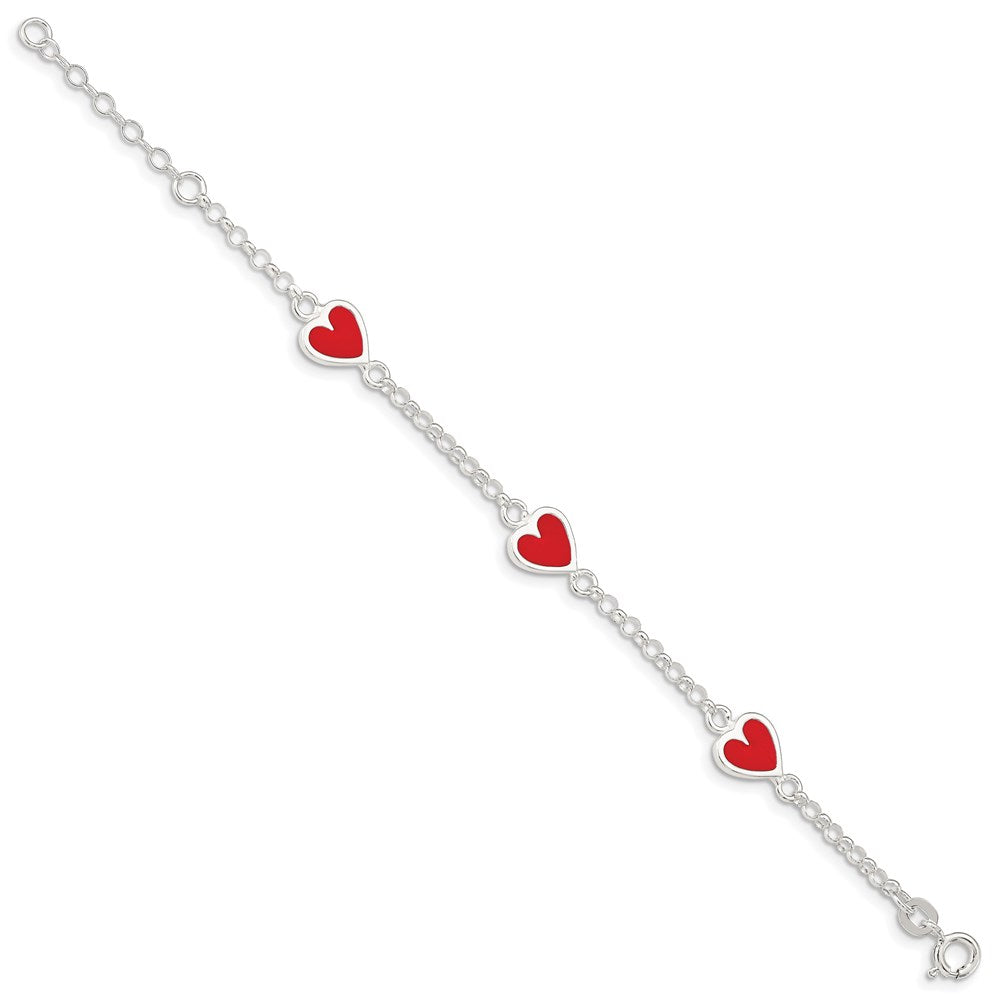 Sterling Silver Polished & Red Enamel Heart w/ 1in ext Children's Bracelet 6 inches