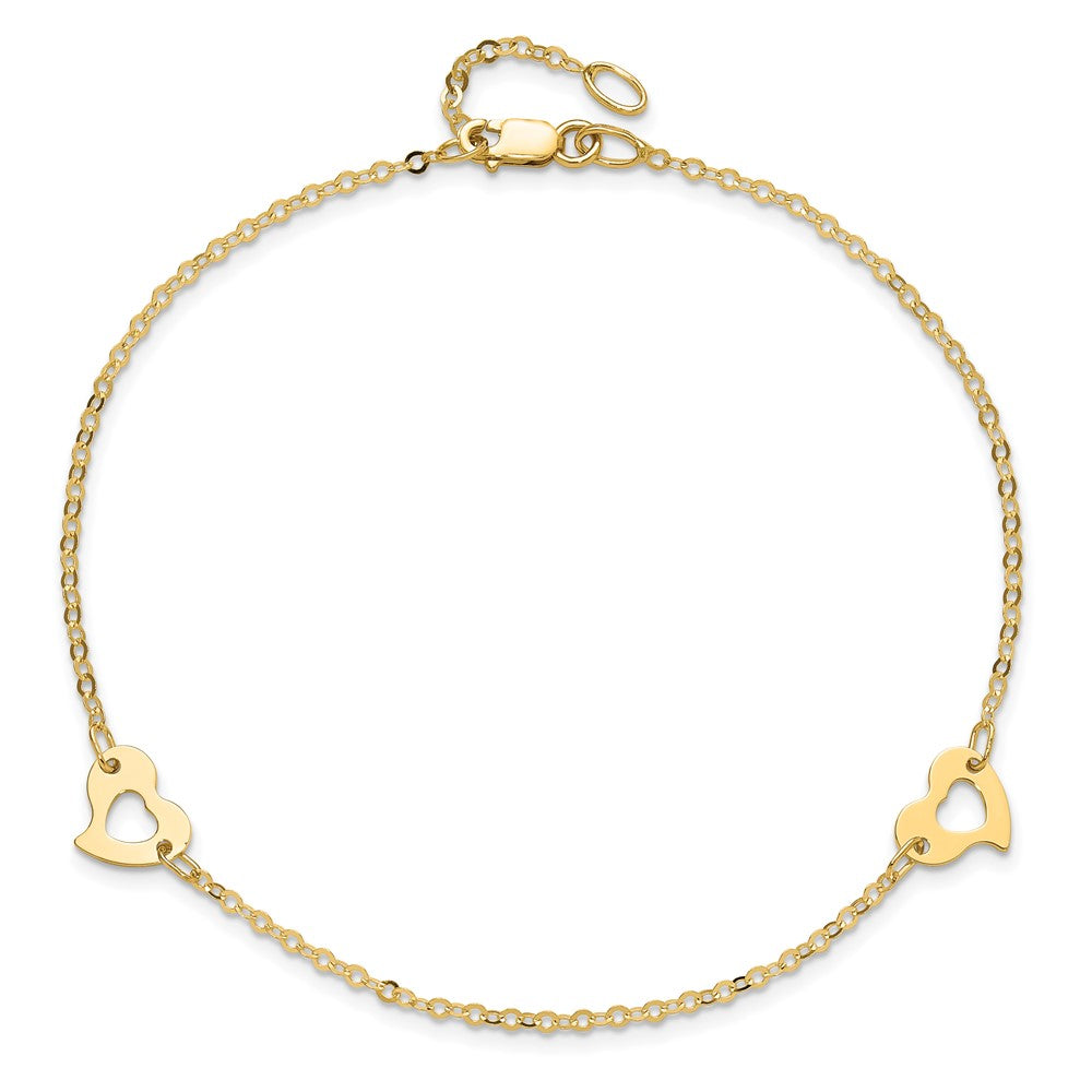 14k Polished Heart 9in Plus 1in ext Anklet 10 inches