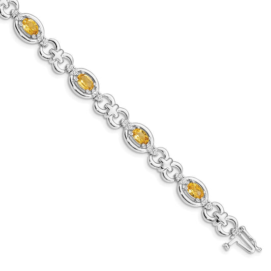 Sterling Silver Rhodium-plated Diamond & Citrine Bracelet 7 inches