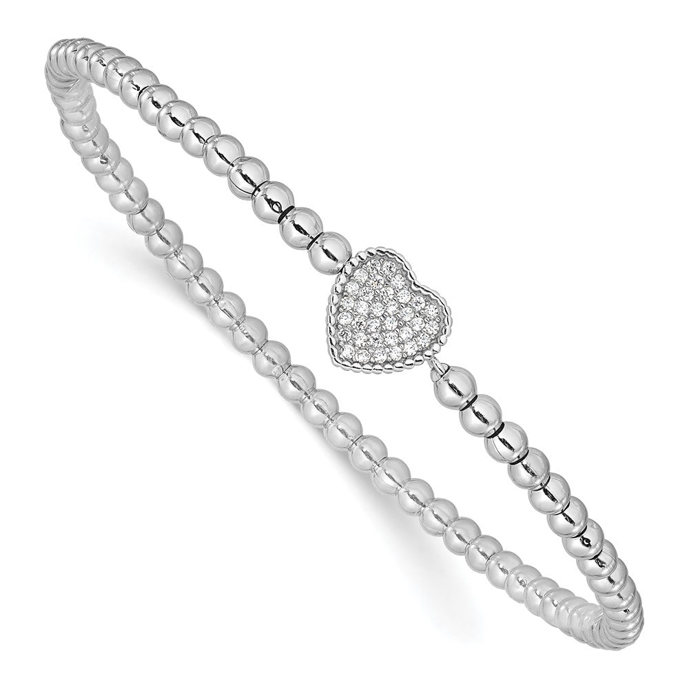 Sterling Silver Rhodium-plated Polished Beaded CZ Heart Stretch Bracelet 7 inches