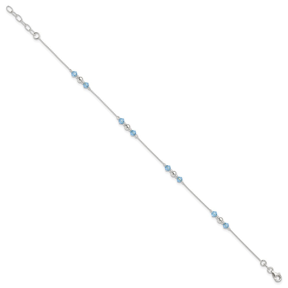 Sterling Silver Polished Bead and CZ 9in Plus 1in. Ext. Anklet 9 inches