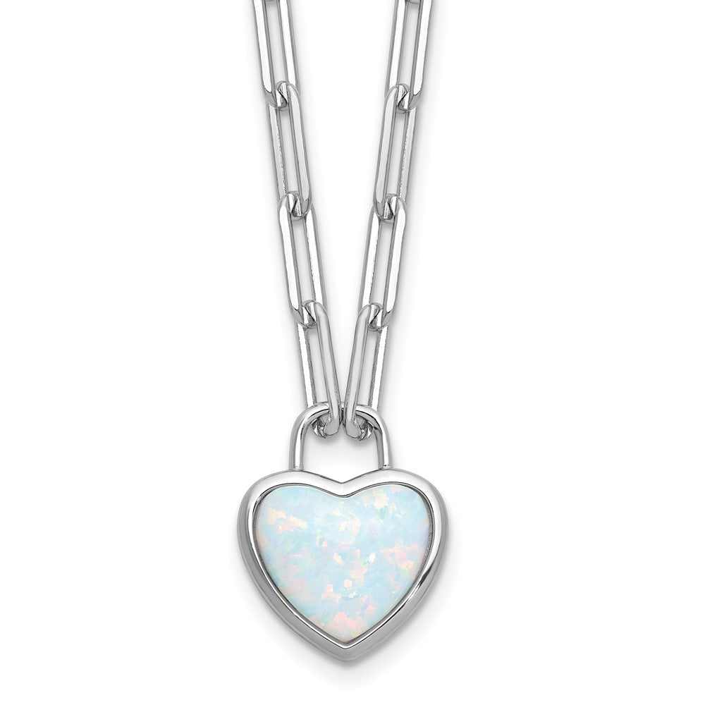 Cheryl M Sterling Silver Rhodium-plated Polished Created Opal Heart Paperclip Link Necklace 18 Inches