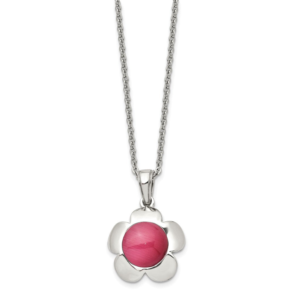 Stainless Steel Polished Flower with Pink Cat's Eye 18in Necklace
