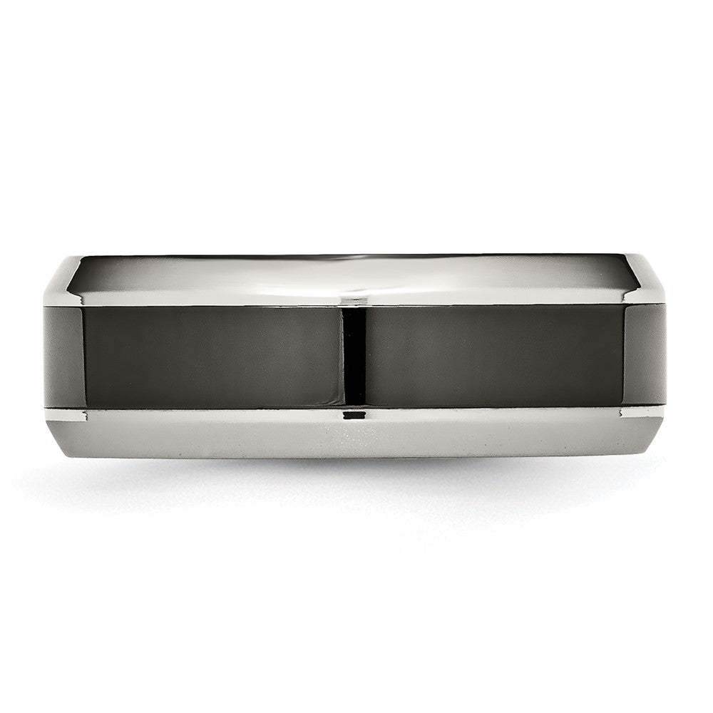 Stainless Steel Base w/Polished Black Ceramic Center Beveled Band Size - 7