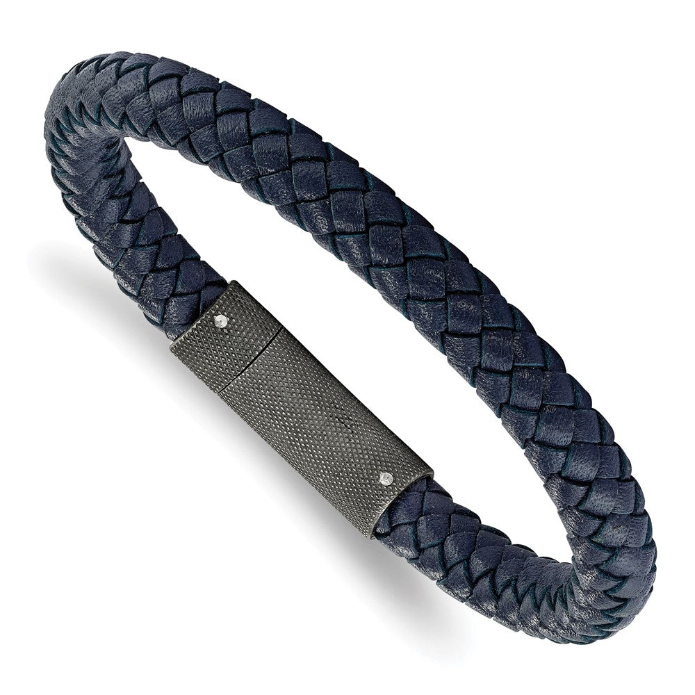 Stainless Steel Brushed Blue Leather Braided 8.5in Bracelet 8.5 inches